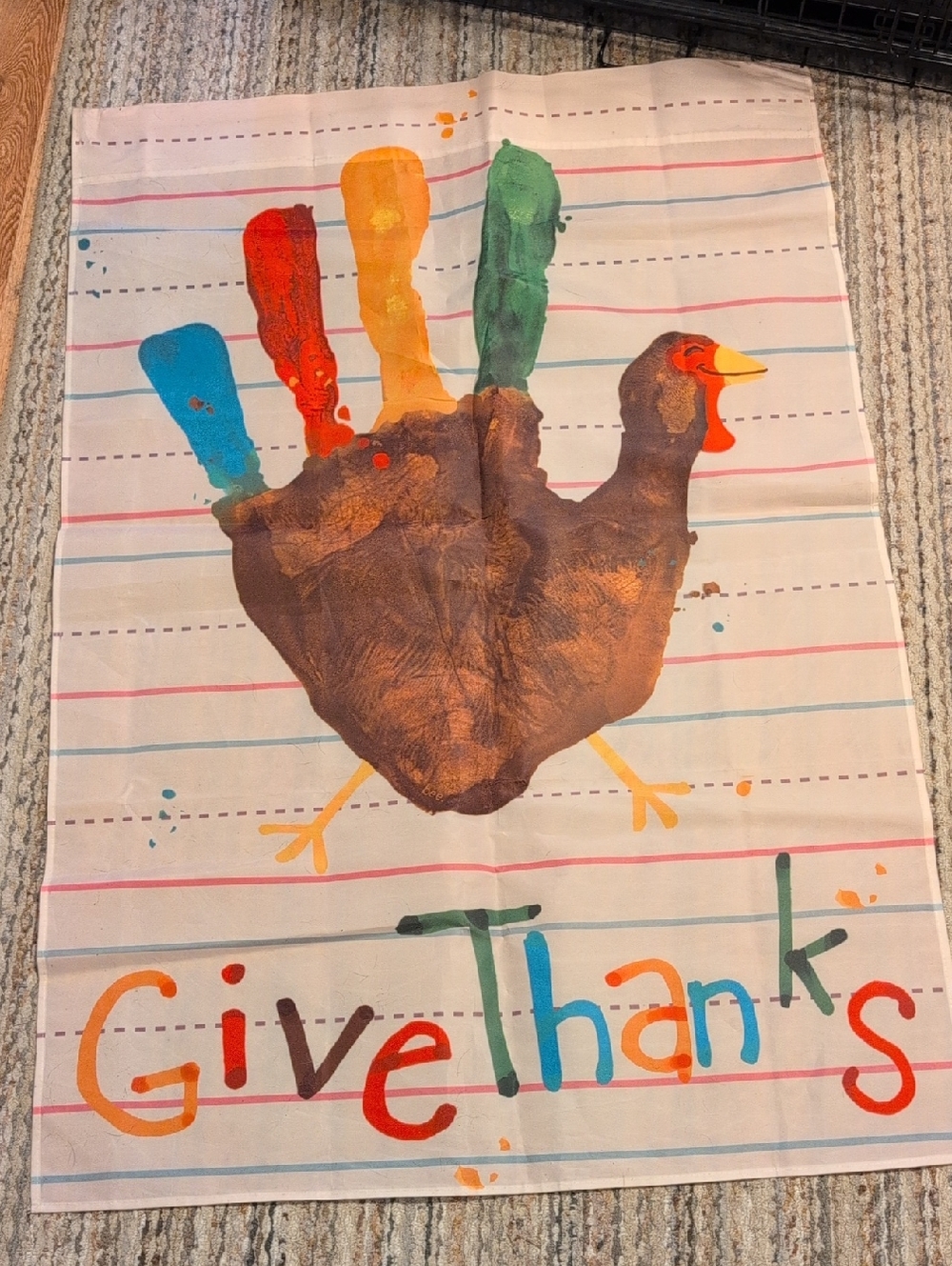 Give Thanks Handprint Turkey House Flag